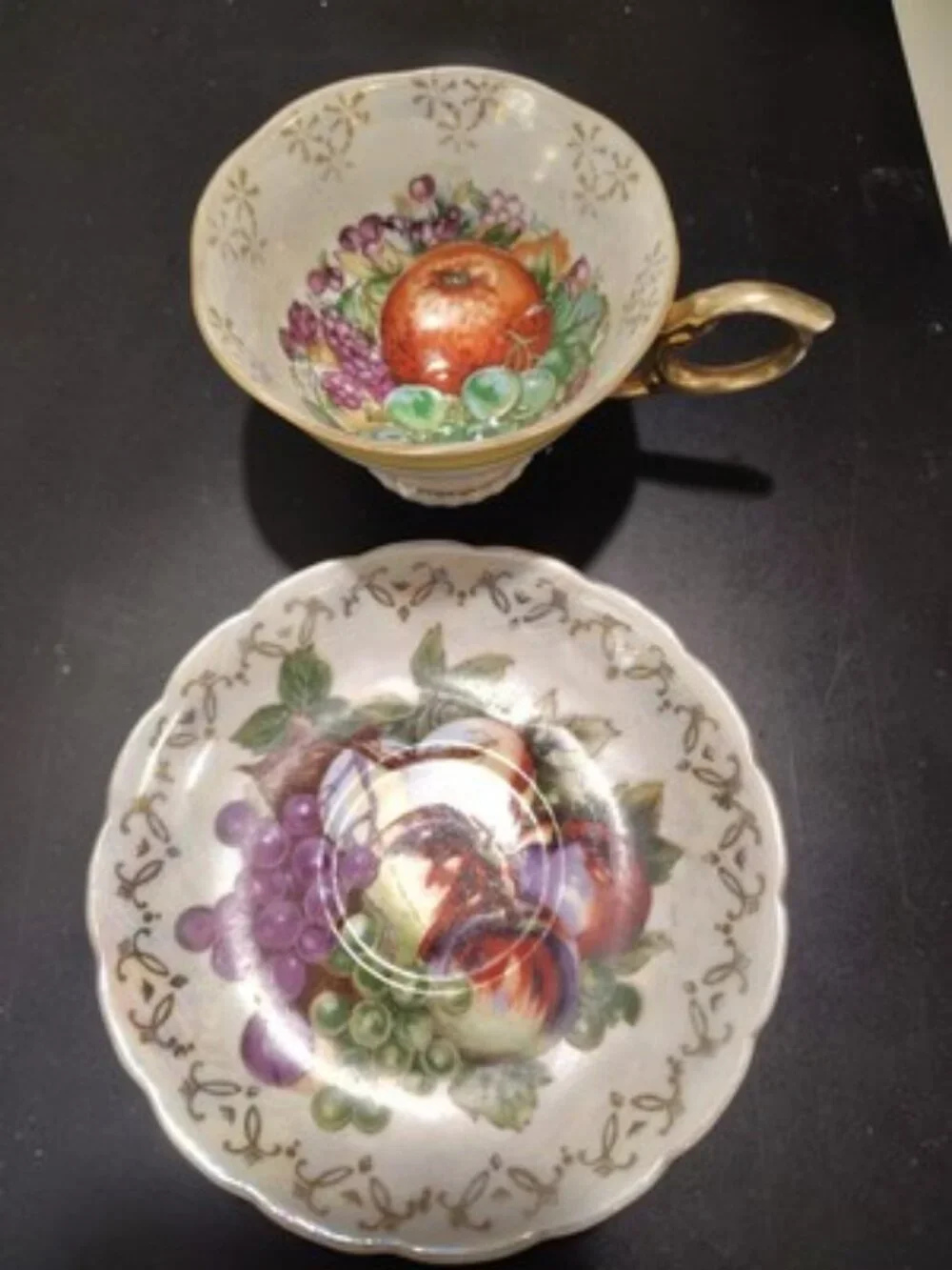 Vintage Unmarked Japan Iridescent Fruit Grape Tea Cup & Saucer
